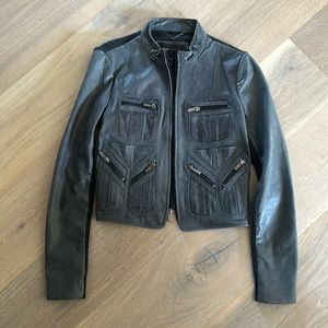 BCBG ash blue leather jacket.